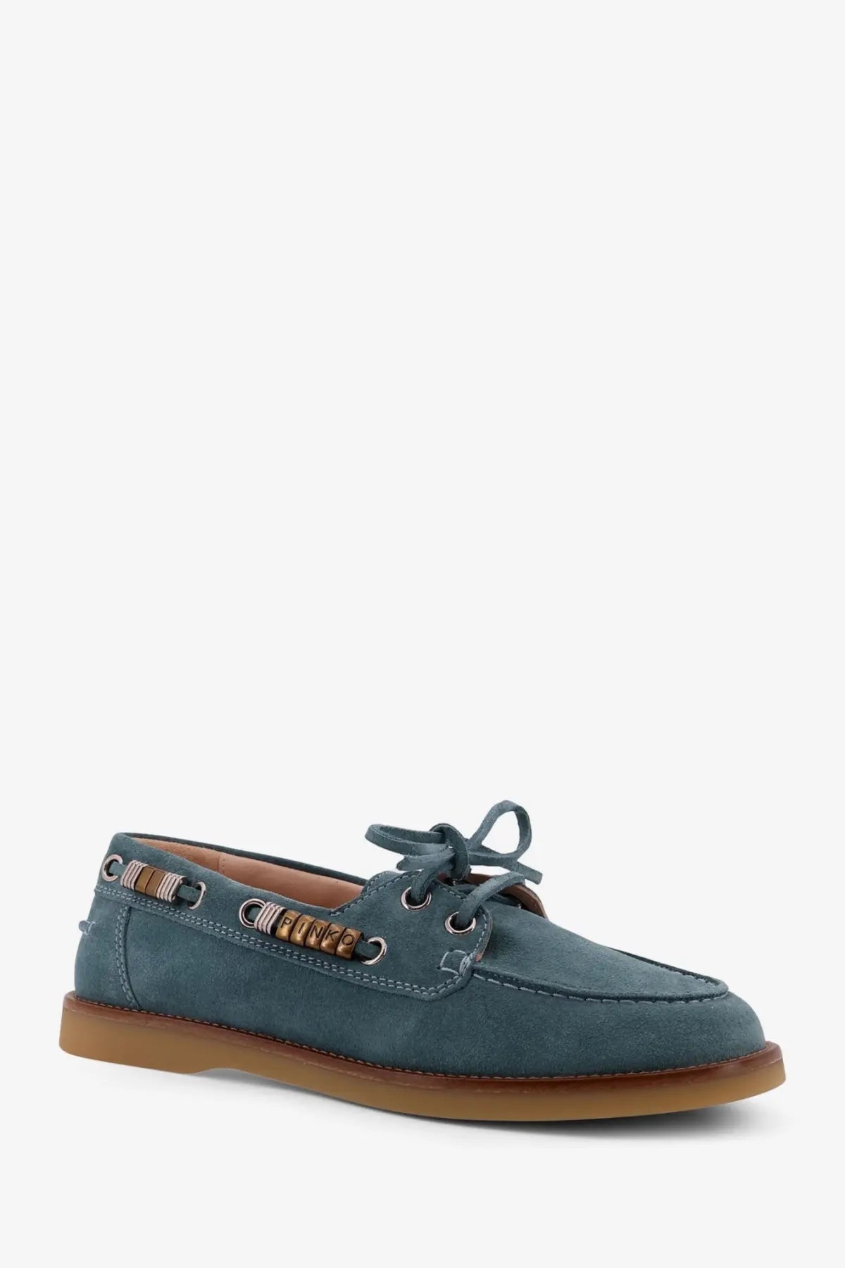 Pinko women’s grace suede loafers in blue teal with brown rubber sole and wooden bead accents on lacing eyelets