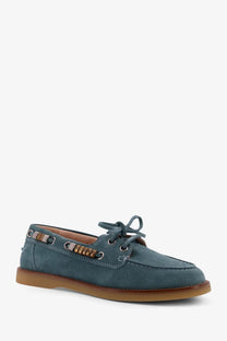 Pinko women’s grace suede loafers in blue teal with brown rubber sole and wooden bead accents on lacing eyelets