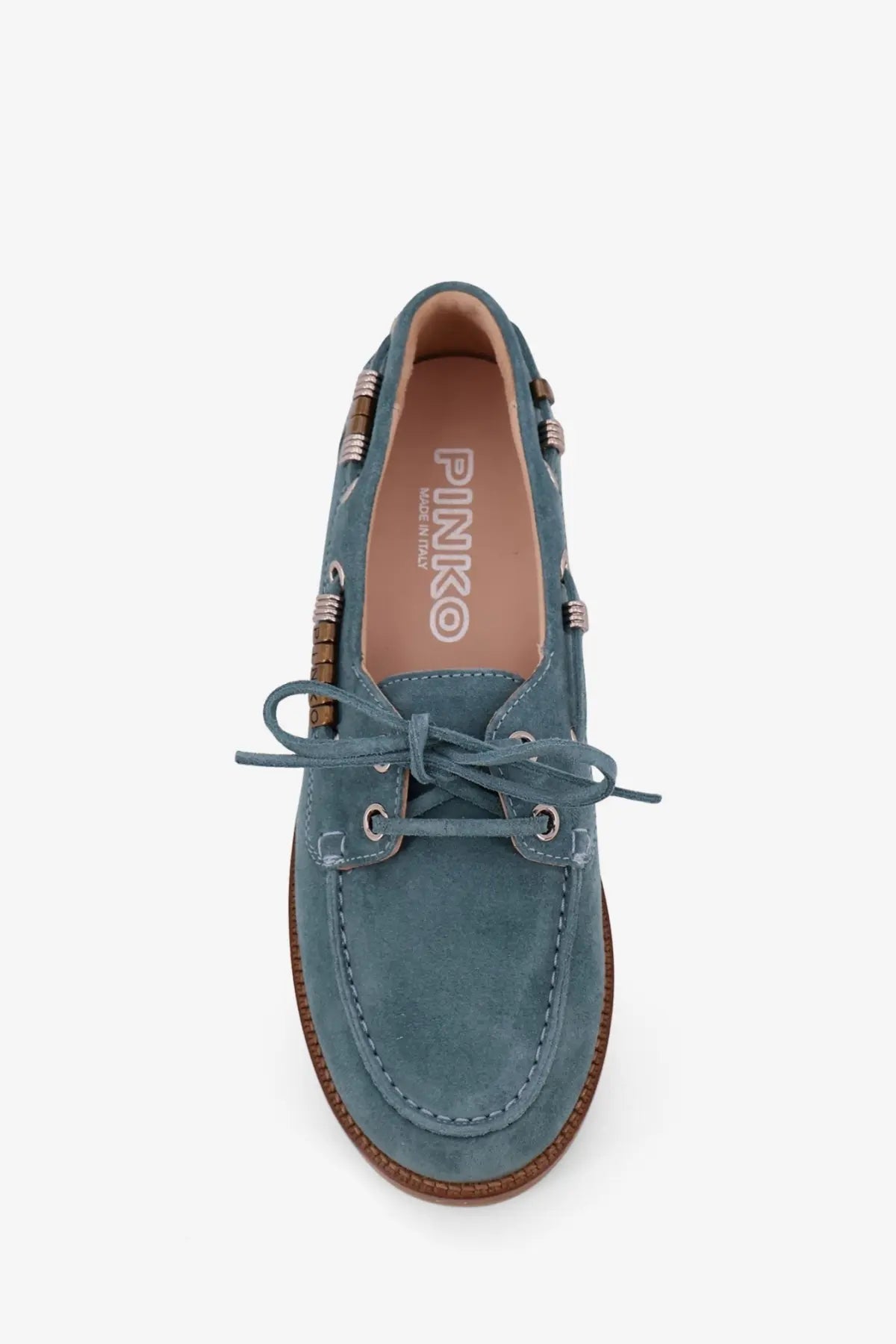 Pinko women’s grace suede loafers in blue with teal suede, brown leather trim, and metallic eyelets boat shoe style