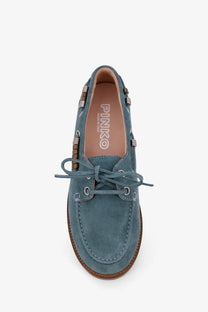 Pinko women’s grace suede loafers in blue with teal suede, brown leather trim, and metallic eyelets boat shoe style