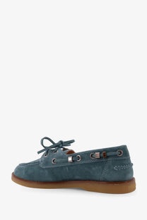 Pinko women’s Grace suede loafers in teal with brown rubber sole and metallic eyelets boat shoe style