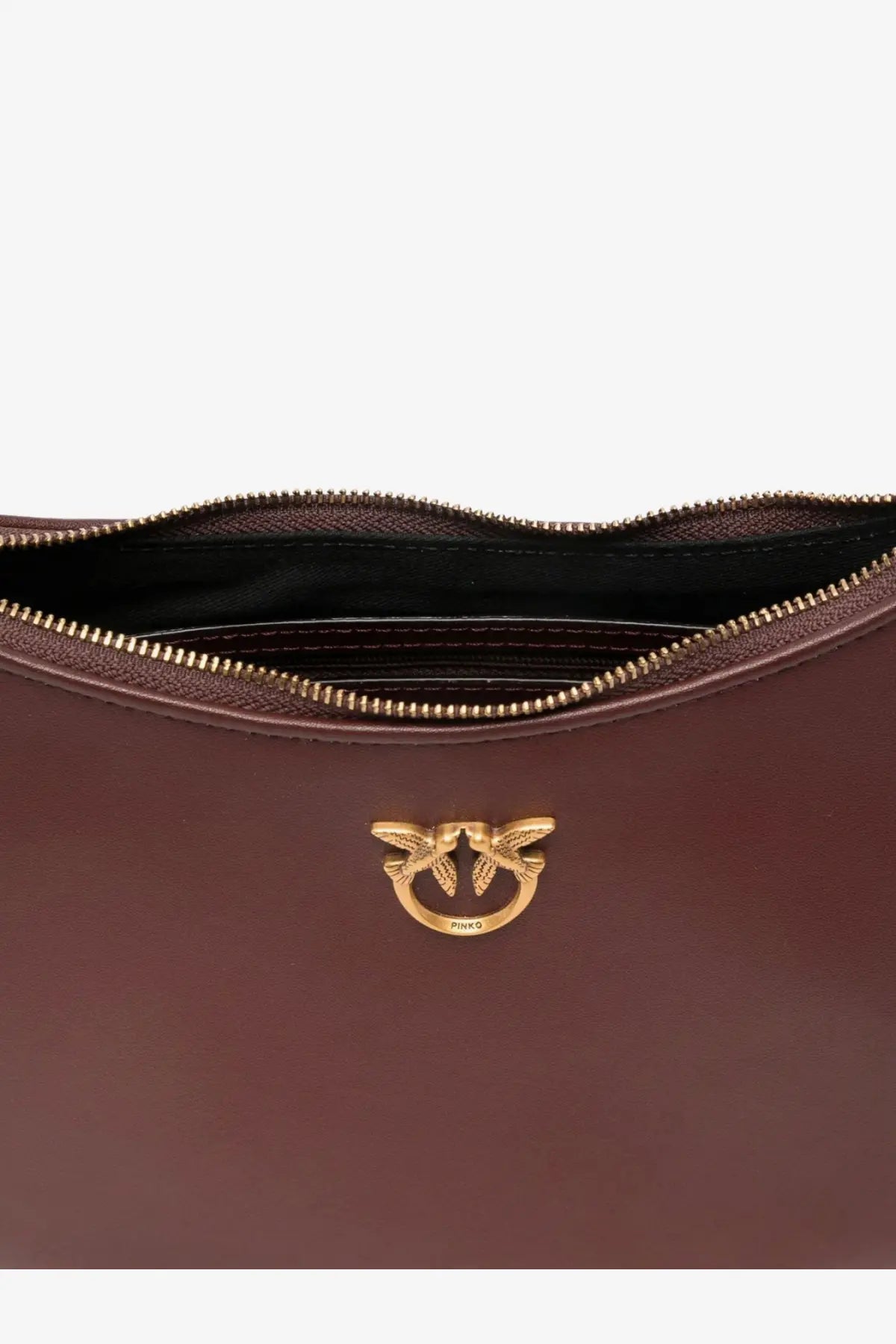Brown leather pinko women’s half moon mini crossbody bag with gold-tone bird clasp and matching zipper