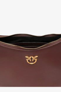 Brown leather pinko women’s half moon mini crossbody bag with gold-tone bird clasp and matching zipper