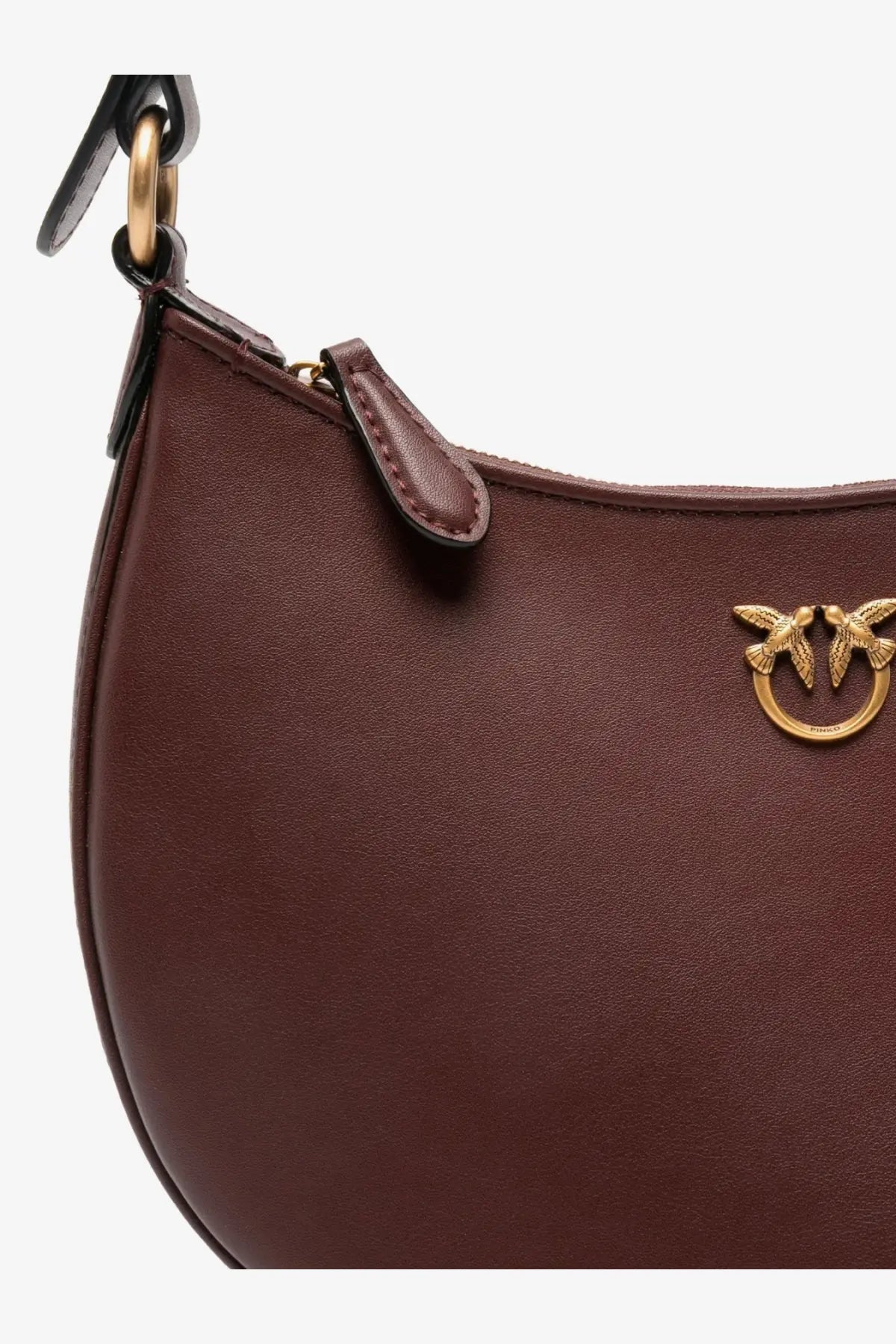 Pinko womens half moon mini leather crossbody bag in rich burgundy with gold-tone bird clasp and matching hardware