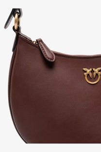 Pinko womens half moon mini leather crossbody bag in rich burgundy with gold-tone bird clasp and matching hardware