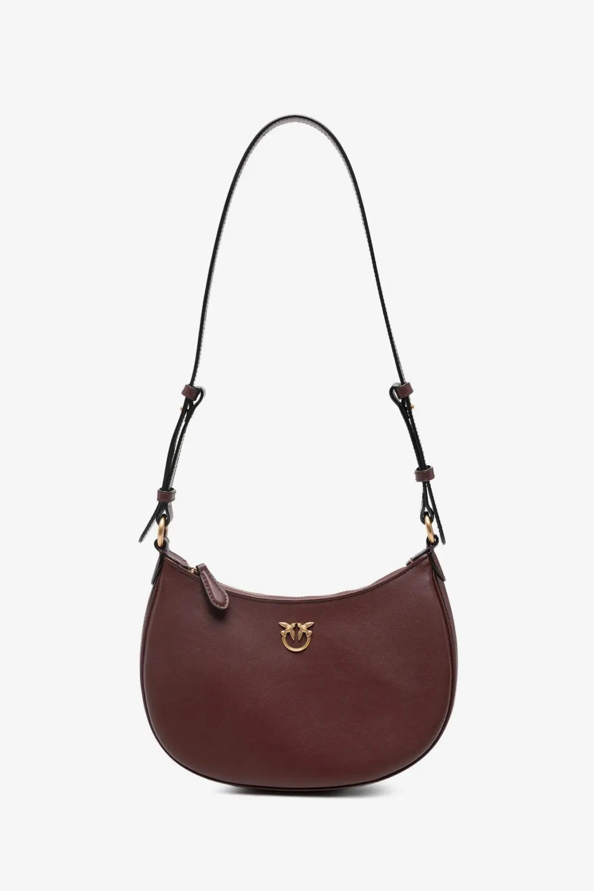 Pinko women’s half moon mini leather crossbody bag in sleek burgundy with gold-tone bird clasp and black adjustable strap