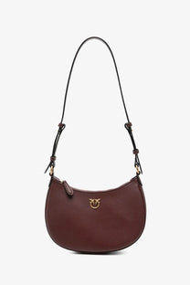 Pinko women’s half moon mini leather crossbody bag in sleek burgundy with gold-tone bird clasp and black adjustable strap