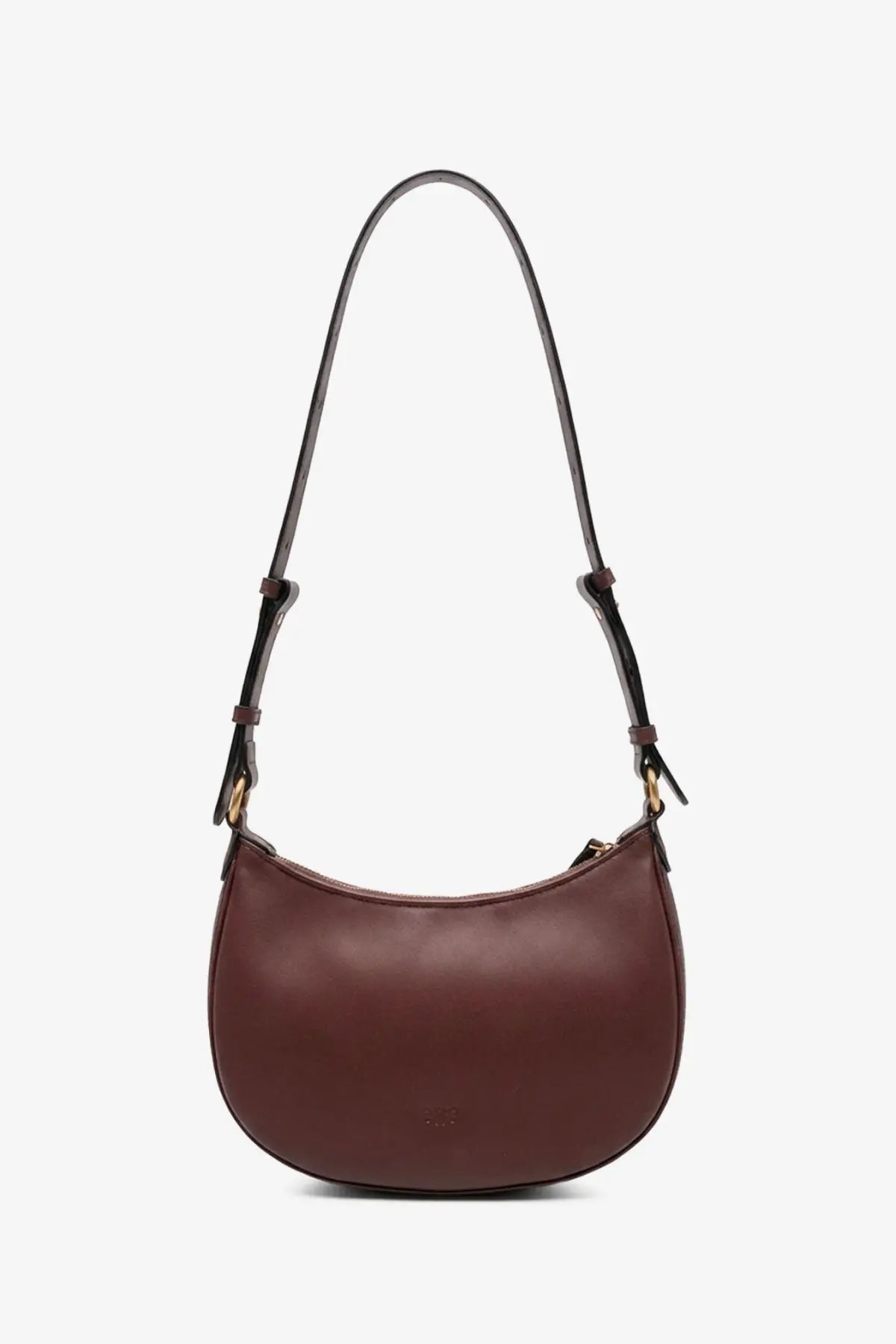 Pinko women’s half moon mini leather crossbody bag in sleek burgundy leather with curved silhouette and matching strap