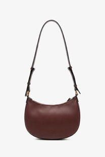 Pinko women’s half moon mini leather crossbody bag in sleek burgundy leather with curved silhouette and matching strap