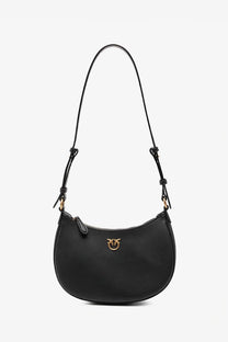Black leather crossbody bag with gold-tone Pinko bird logo and adjustable strap perfect for everyday use