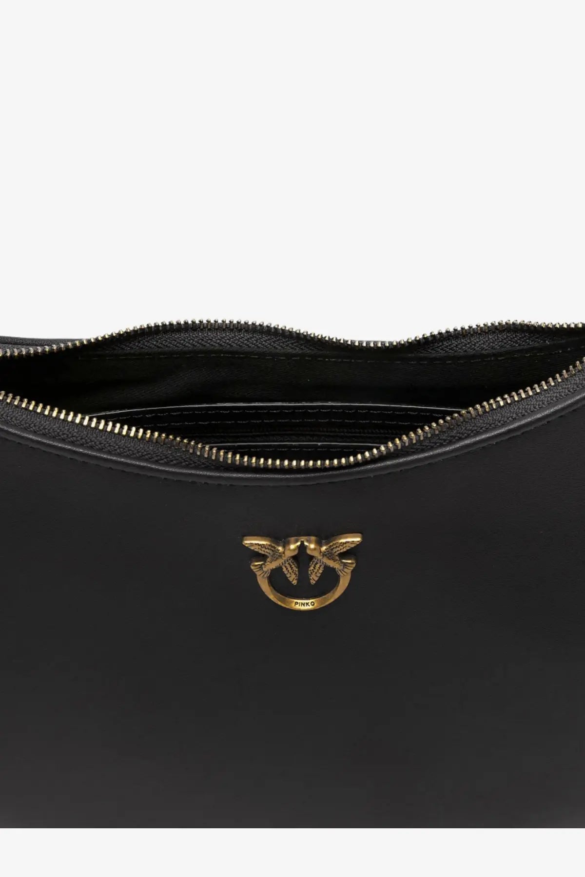 Pinko women’s black leather crossbody bag with gold-tone bird-shaped logo clasp for shoulder wear