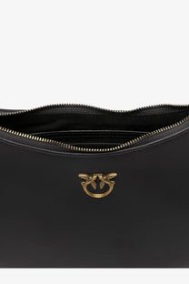 Pinko women’s black leather crossbody bag with gold-tone bird-shaped logo clasp for shoulder wear