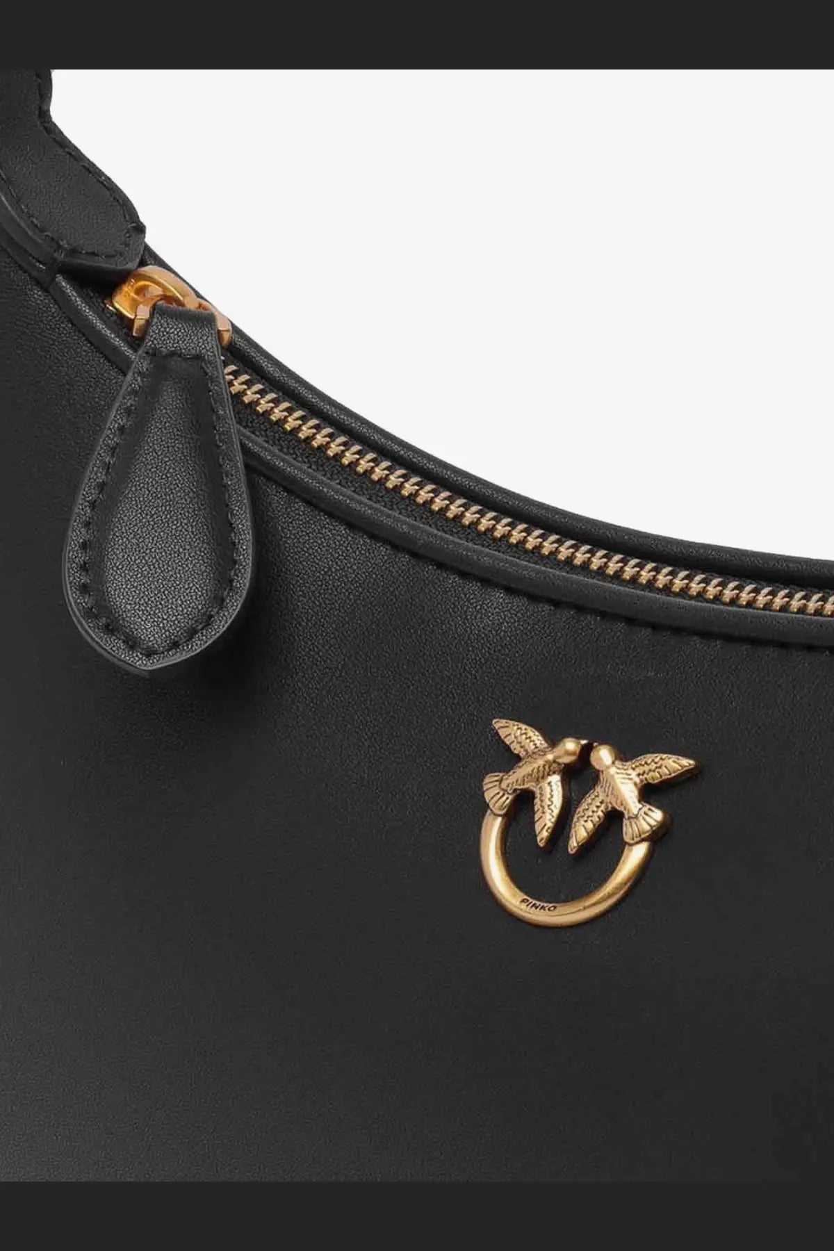 Pinko womens half moon mini leather shoulder bag in black with gold-tone metal birds logo and zipper pull