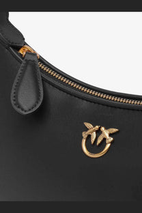 Pinko womens half moon mini leather shoulder bag in black with gold-tone metal birds logo and zipper pull