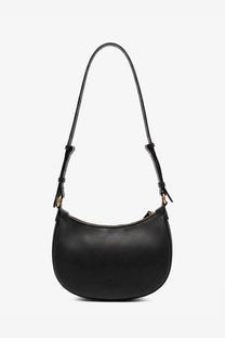 Pinko women’s half moon mini black leather shoulder bag with sleek curved design and gold tone hardware