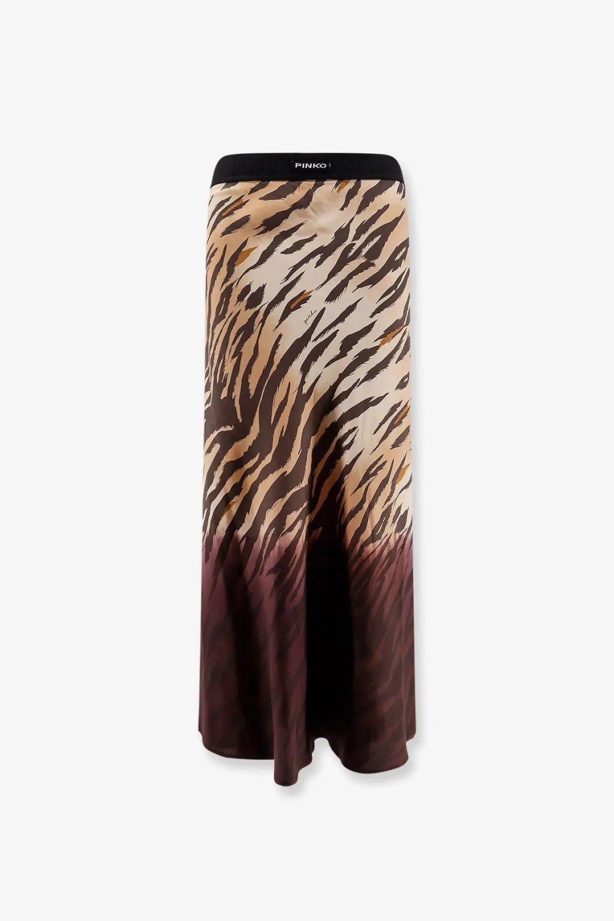 Pinko womens hollie viscose flowing maxi skirt with bold tiger stripe print in beige brown and deep burgundy