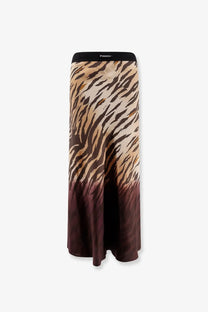 Pinko womens hollie viscose flowing maxi skirt with bold tiger stripe print in beige brown and deep burgundy