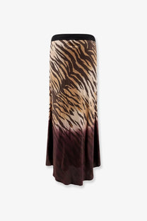 Pinko womens hollie viscose skirt gold with flowing maxi length and tiger stripe pattern fading tan black to burgundy