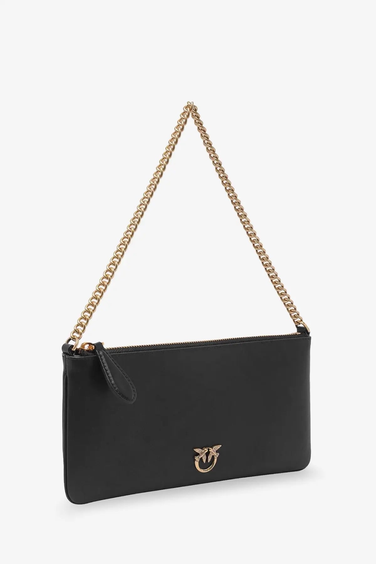 Pinko women’s horizontal flat black leather shoulder bag with gold-tone chain strap and small bird logo emblem