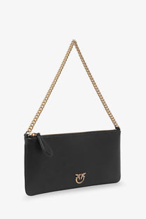 Pinko women’s horizontal flat black leather shoulder bag with gold-tone chain strap and small bird logo emblem