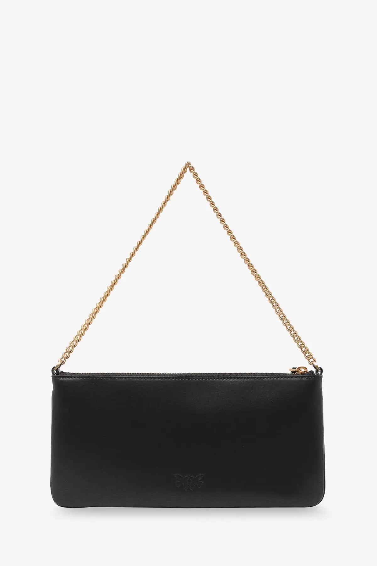Pinko women’s horizontal flat leather shoulder bag black with black leather clutch and gold-tone chain strap