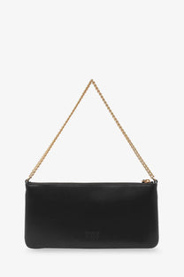 Pinko women’s horizontal flat leather shoulder bag black with black leather clutch and gold-tone chain strap