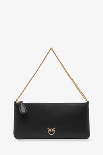 Pinko womens black leather horizontal flat shoulder bag with gold chain strap and bird logo emblem