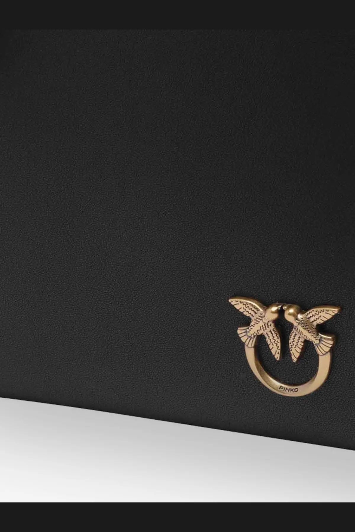 Pinko womens black leather clutch with gold-tone metal clasp featuring two kissing birds design
