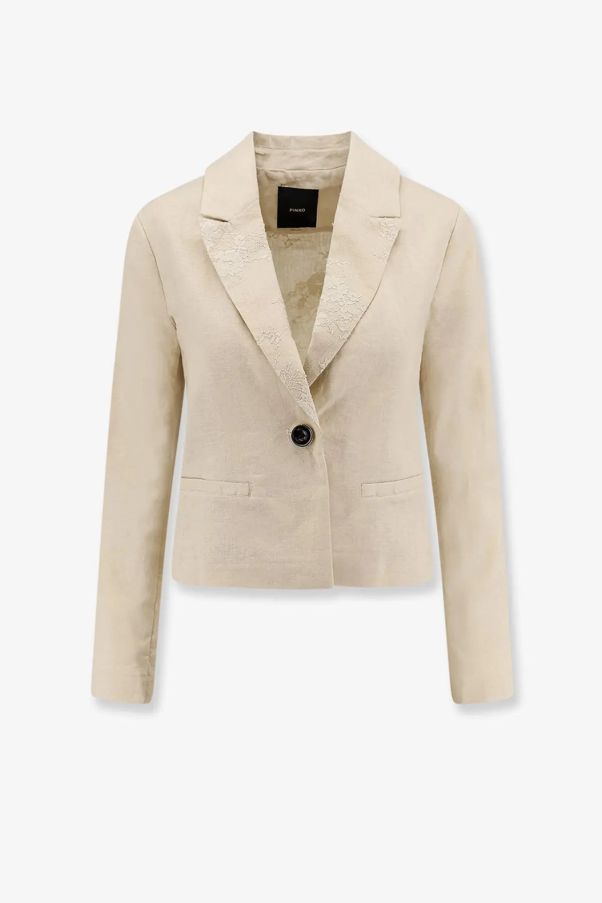 Pinko women’s idony embroidered linen blazer beige with lace trim collar and front and single black button closure