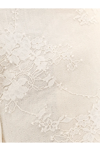 Pinko women’s ivy linen trousers beige shown with delicate ivory lace fabric featuring intricate floral patterns and sheer texture