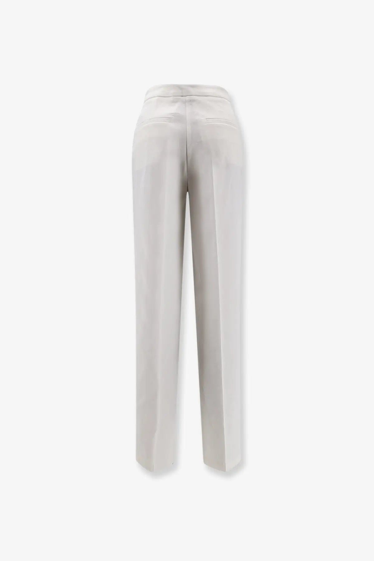 Cream-colored pinko women’s jacopone linen and viscose trousers with smooth tailored fabric and subtle back pockets shown from the back