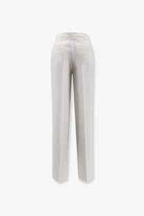 Cream-colored pinko women’s jacopone linen and viscose trousers with smooth tailored fabric and subtle back pockets shown from the back