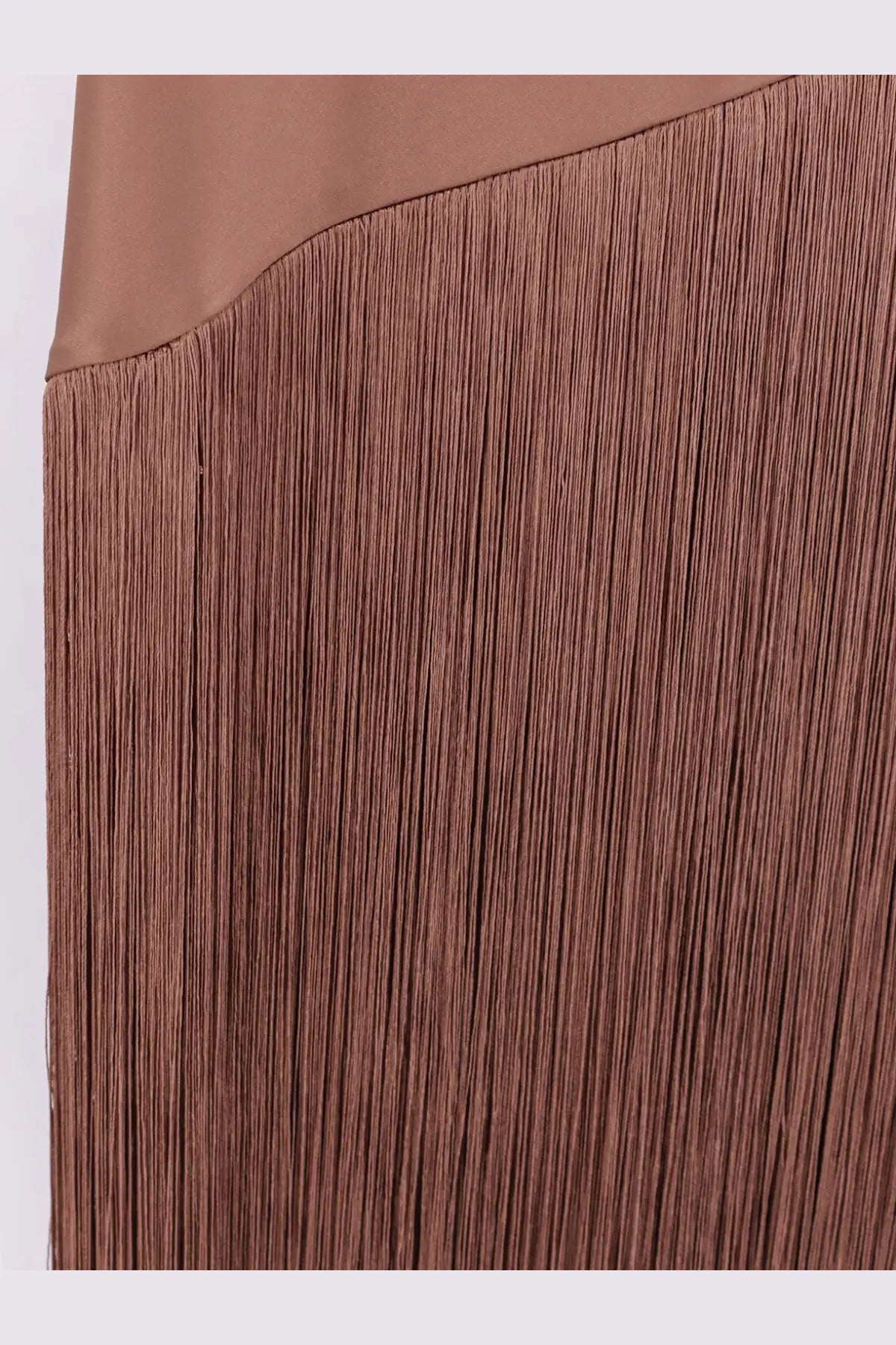 Pinko women’s kiwi satin dress brown featuring a brown fringed skirt with a smooth satin top and delicate tassels