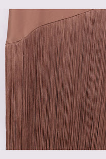 Pinko women’s kiwi satin dress brown featuring a brown fringed skirt with a smooth satin top and delicate tassels