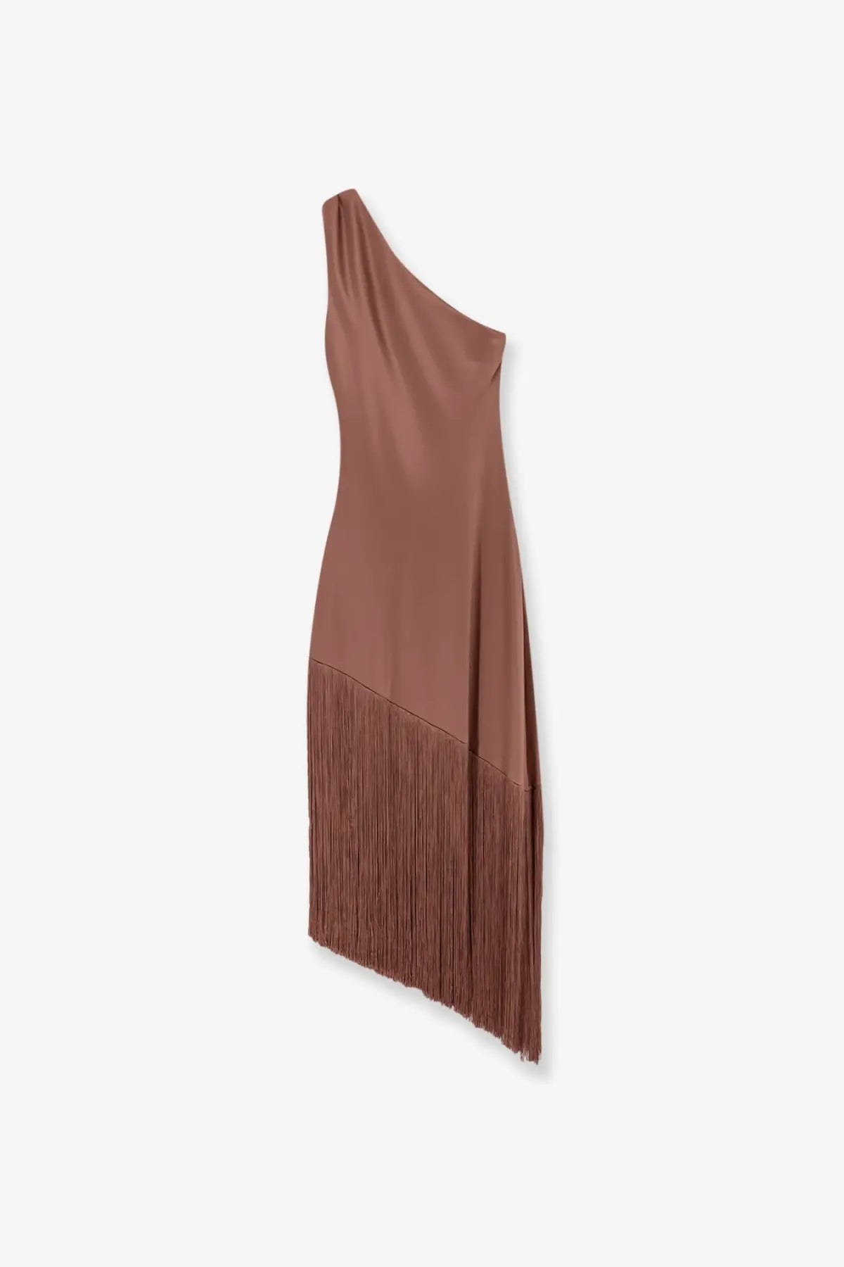Pinko women’s kiwi satin dress brown with sleek one shoulder bodice and matching fringe hem detailing