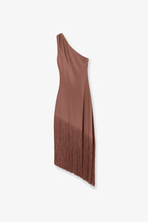 Pinko women’s kiwi satin dress brown with sleek one shoulder bodice and matching fringe hem detailing