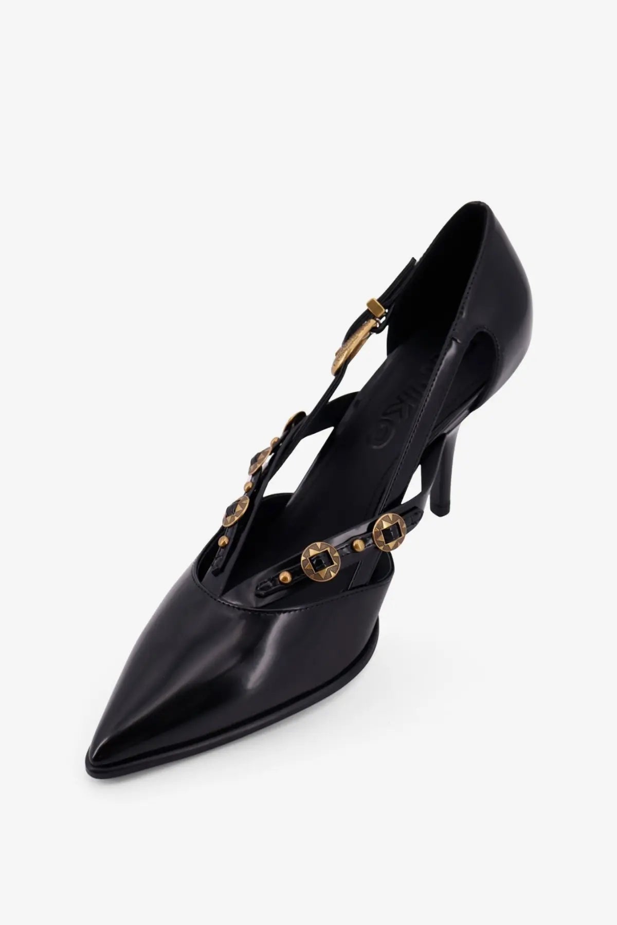Pinko women’s lady leather pumps in black patent leather with gold-tone coin embellishments on the strap