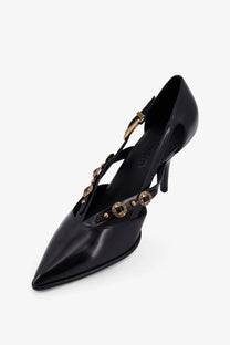 Pinko women’s lady leather pumps in black patent leather with gold-tone coin embellishments on the strap