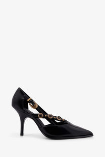 Pinko women’s lady leather pumps black patent leather high heel with gold-tone buckle and decorative circular studs