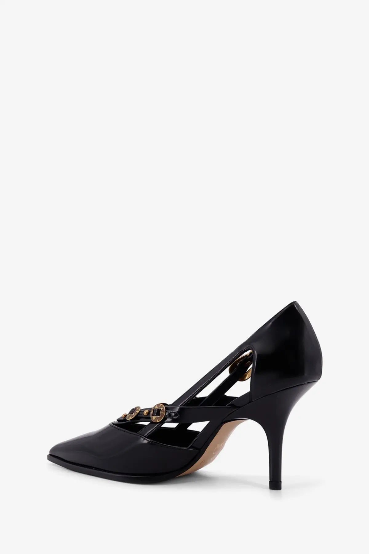Pinko women’s lady black leather pumps with black patent leather and gold-tone buckle details