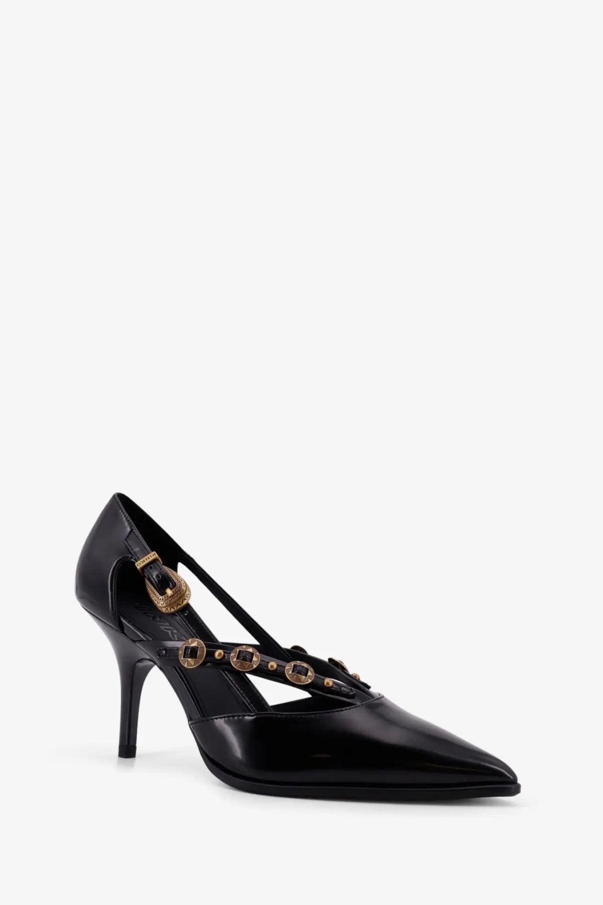 Pinko women’s lady leather pumps black black patent leather pump with gold-tone buckle and oval stud details