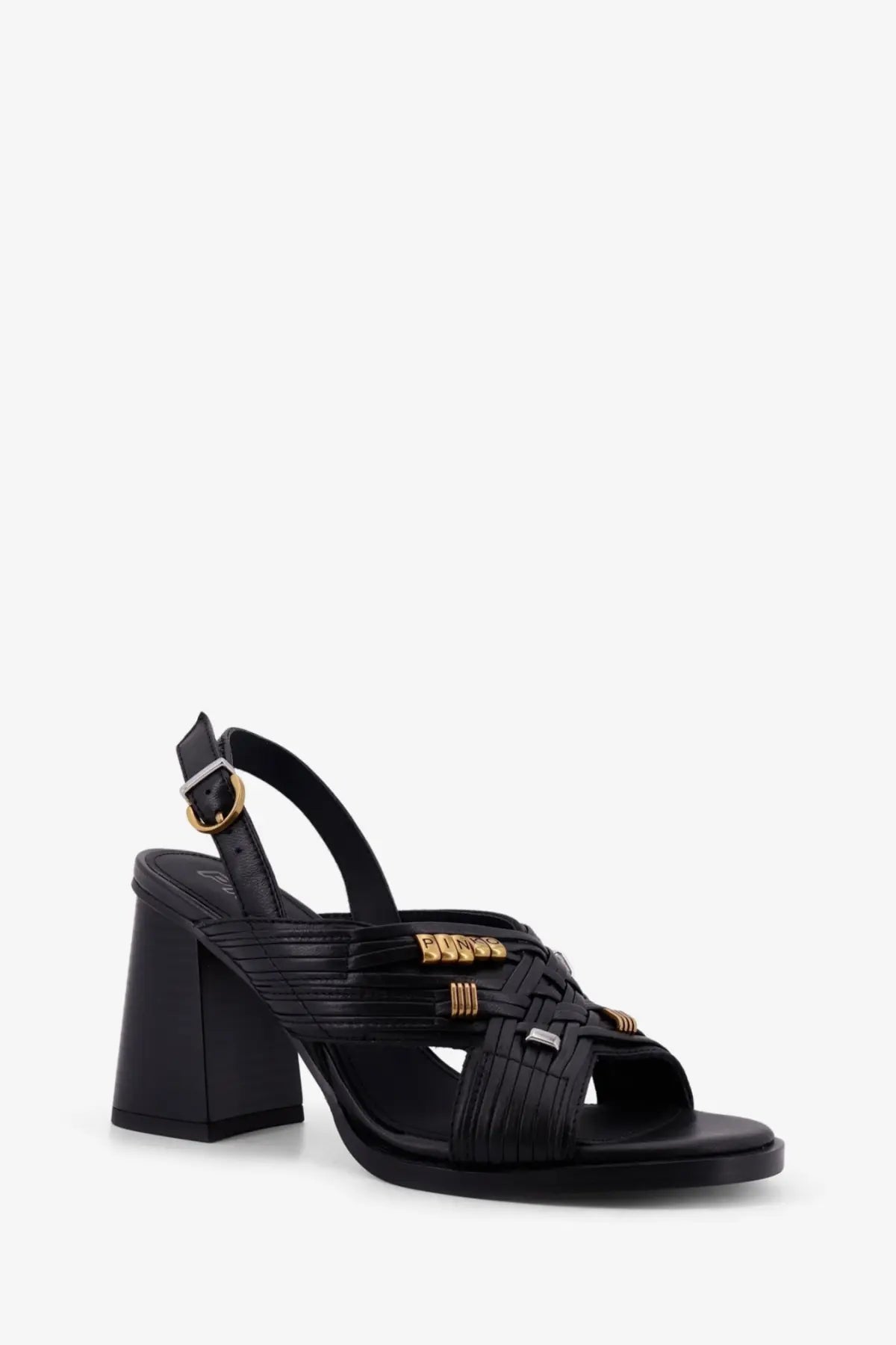 Pinko women’s Lara black leather sandal with woven straps and gold tone hardware accents