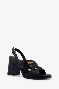 Pinko women’s Lara black leather sandal with woven straps and gold tone hardware accents