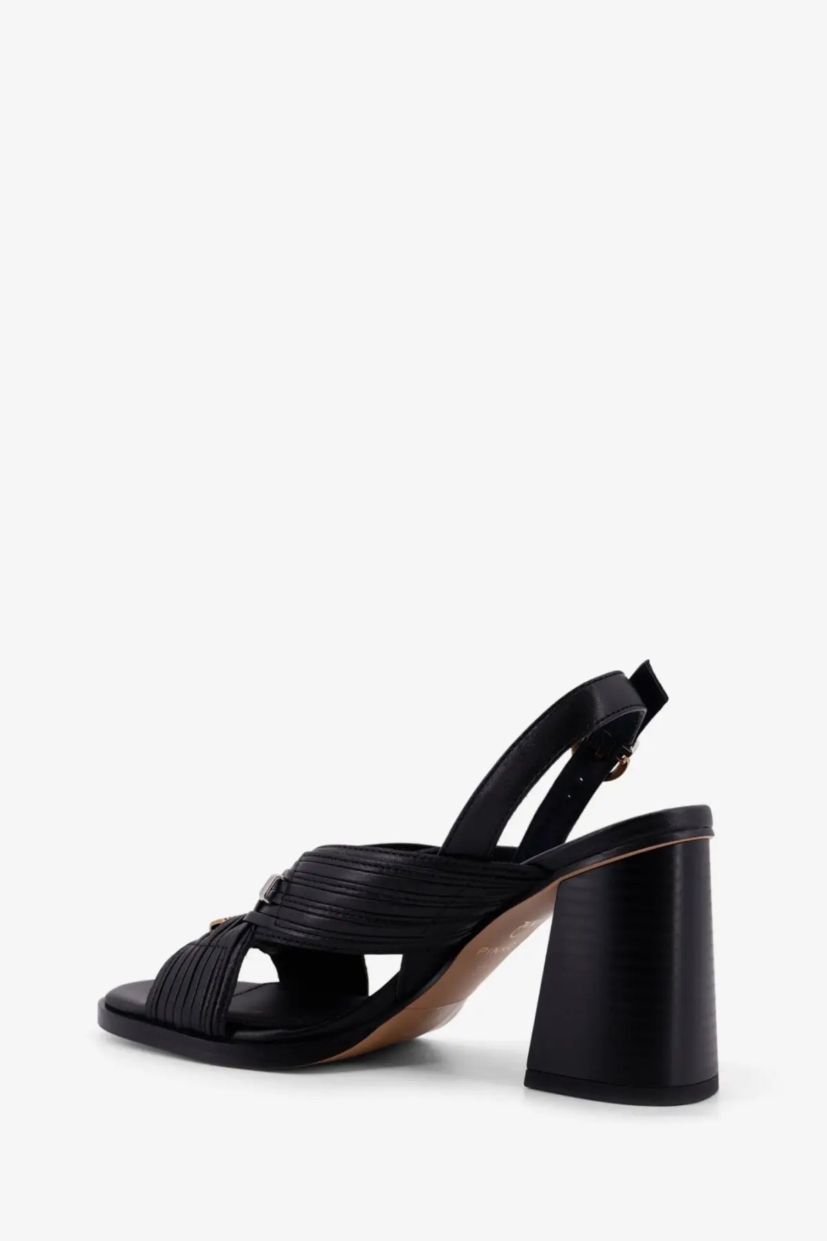 Pinko women’s Lara black leather strappy sandal with chunky block heel and crisscross detailing