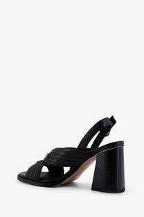 Pinko women’s Lara black leather strappy sandal with chunky block heel and crisscross detailing