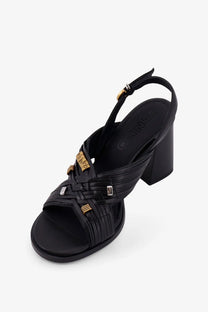 Pinko women’s Lara leather sandals in black woven leather with gold-tone and silver hardware accents