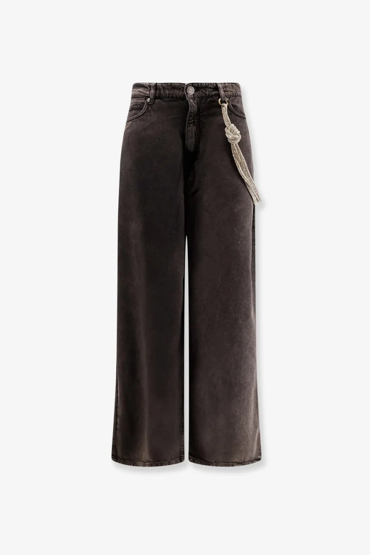 Dark gray wide-leg denim trousers with silver chain detail at waistband by pinko womens lauryn bull denim jeans black
