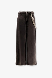 Dark gray wide-leg denim trousers with silver chain detail at waistband by pinko womens lauryn bull denim jeans black