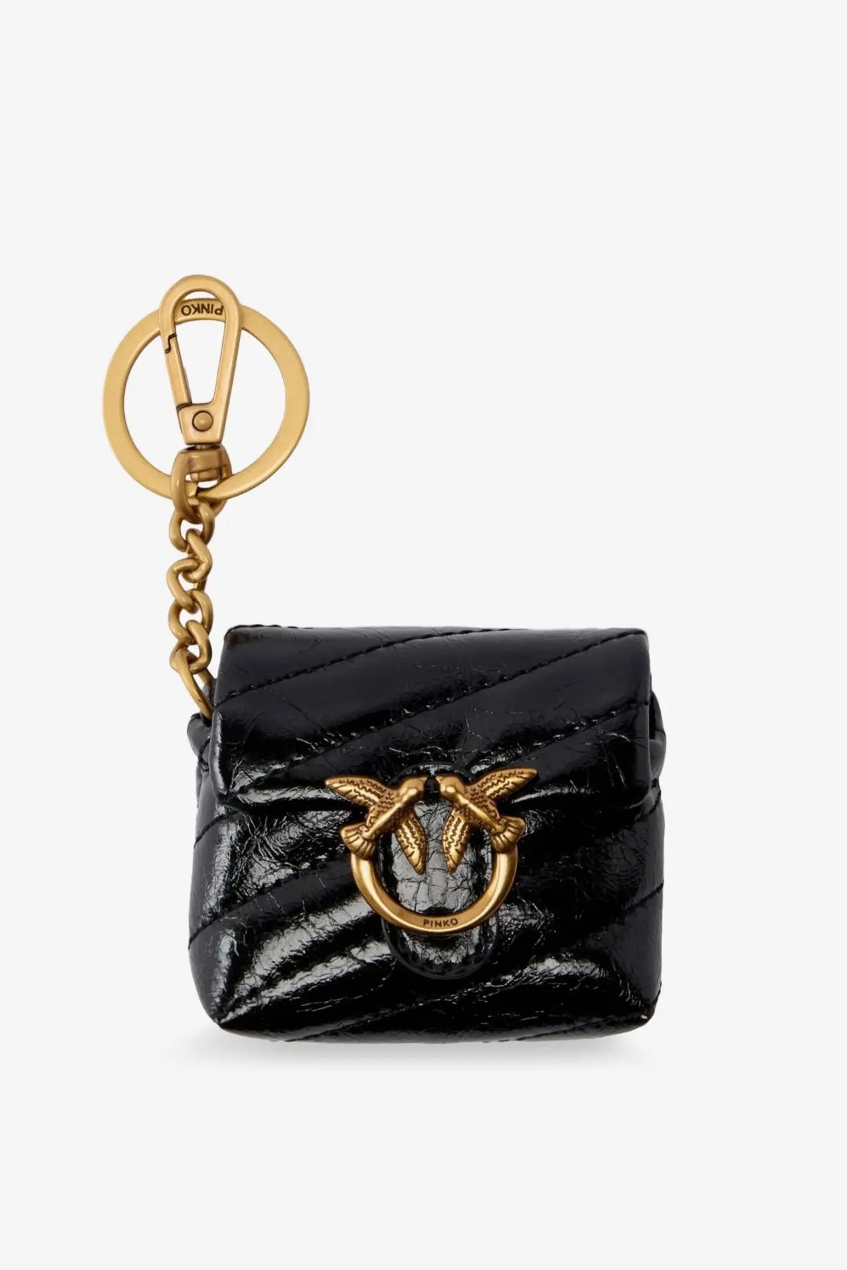 Pinko women’s leather airpods case black featuring a black quilted leather keychain with gold-tone bird clasp and chain