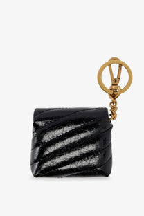 Black quilted leather keychain pouch with gold-tone ring and chain for pinko women’s leather airpods case black